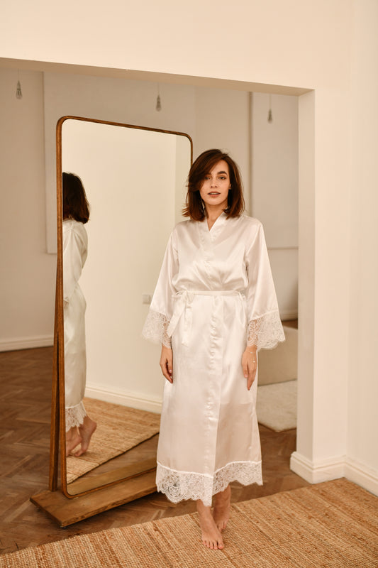 Long satin bridal robe with lace