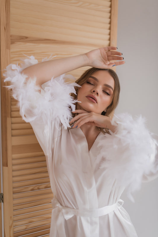 Bridal satin robe with feather sleeves (midi)