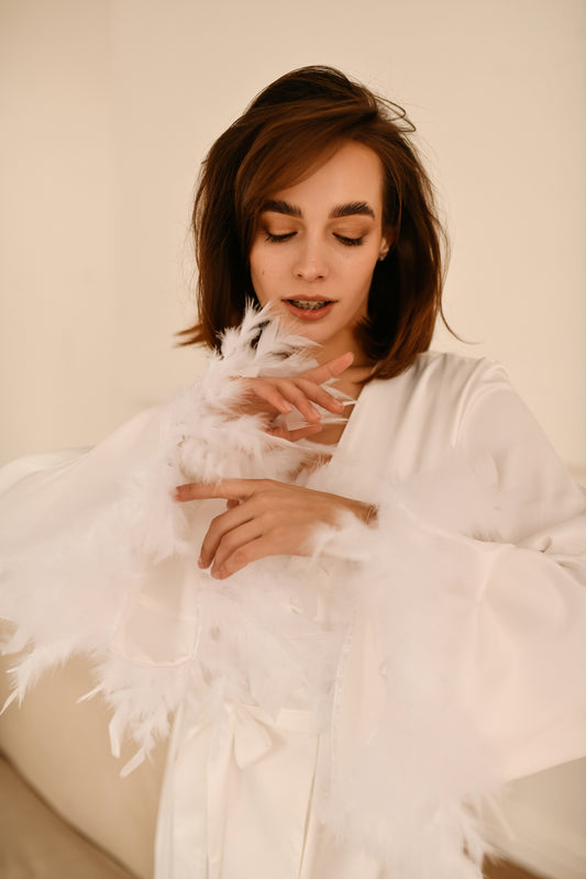 Long silky satin bridal robe with feather sleeves