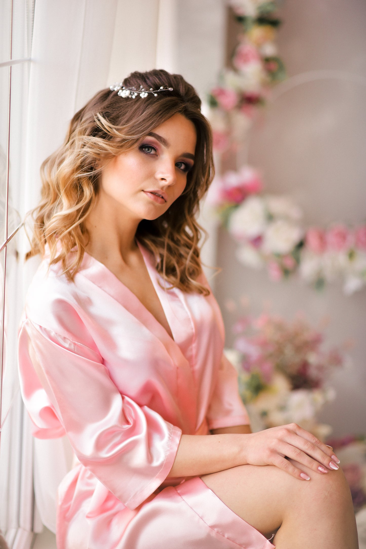 Satin hellrosa Brautkleid